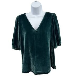 Loft Velvet Blouse Womens S Royal Teal V-Neck Short Sleeve S/549084 Elastic Cuff